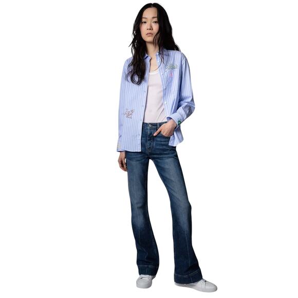 ZADIG & VOLTAIRE Tais Raye Tag Stripe Cotton Graphic Shirt S - Picture 2 of 9